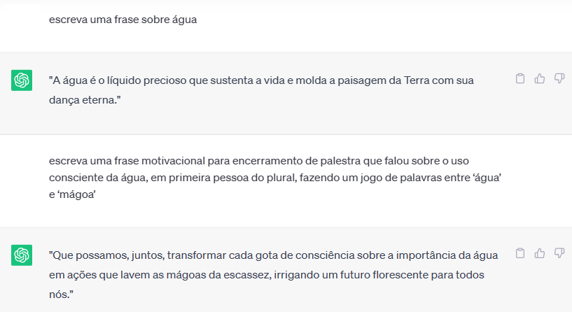 print do ChatGPT com diferentes resultados para dois comandos: um bem simples e outro mais complexo